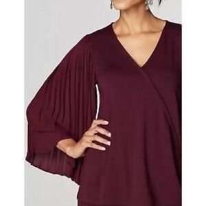 J Jill Wearever Surplice Top XL Burgundy Faux Wrap Pleated Kimono Sleeve Holiday